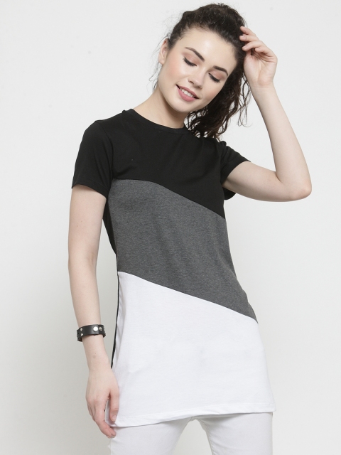 

Kalt Women White Grey Colourblocked Round Neck Longline T-shirt