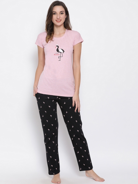 

Clovia Women Pink Tshirt & Navy Blue Pyjama Night Suit LS0482P223