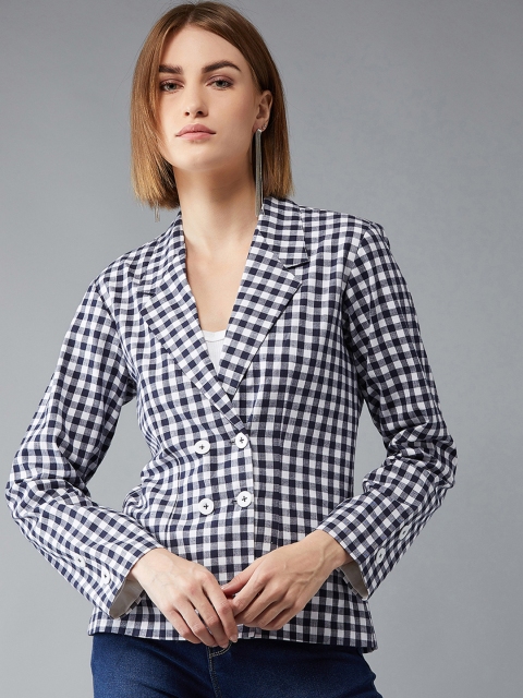 

DOLCE CRUDO Women Navy Blue & White Checked Double-Breasted Blazer