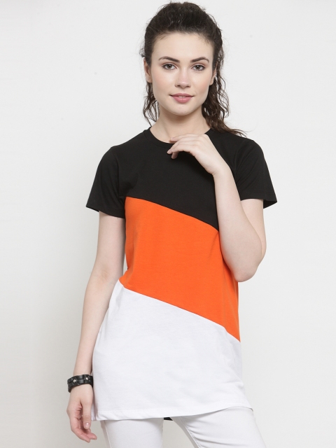 

Kalt Women White & Orange Colourblocked Round Neck Longline T-shirt
