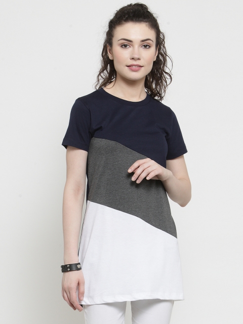 

Kalt Women White & Grey Colourblocked Round Neck Longline T-shirt