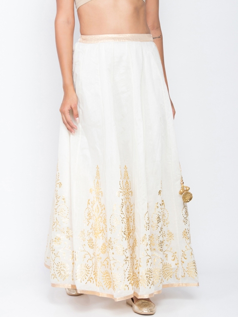 

Be Indi Women White & Gold-Coloured Printed Flared Maxi Kalidar Skirt