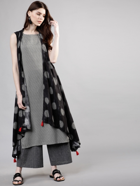 

Vishudh Women Black & White Checked Asymmetric Hemline A-Line Kurta