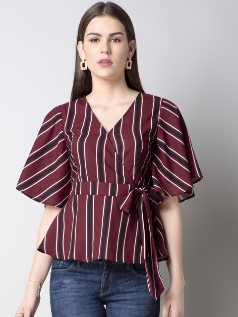 

FabAlley Women Maroon & Black Striped Wrap Top