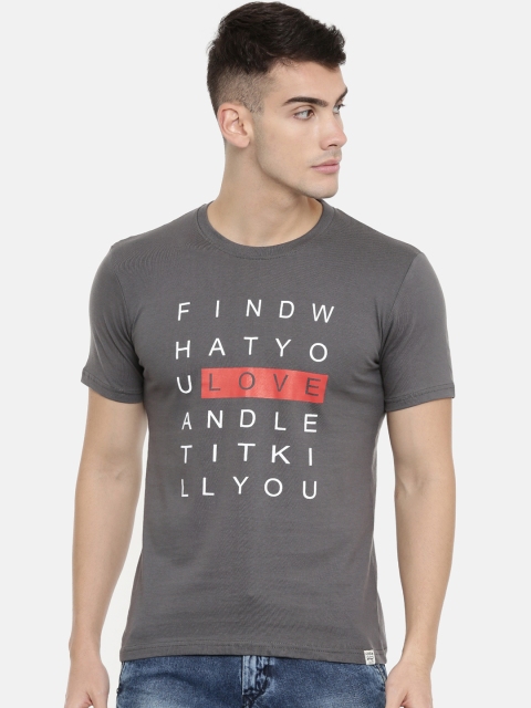 

Joven Men Charcoal Grey Printed Round Neck T-shirt