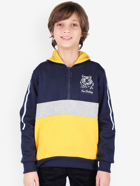 

One Friday Boys Navy Blue & Yellow Colourblocked Hooded Sweatshirt