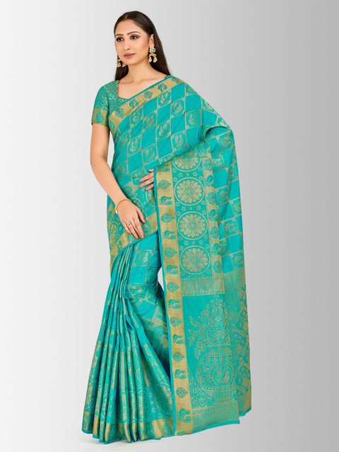 

MIMOSA Turquoise Blue & Gold-Toned Art Silk Embellished Kanjeevaram Saree