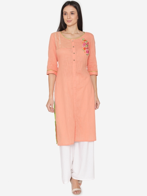 

Laabha Women Peach-Coloured Embroidered Detail Straight Kurta