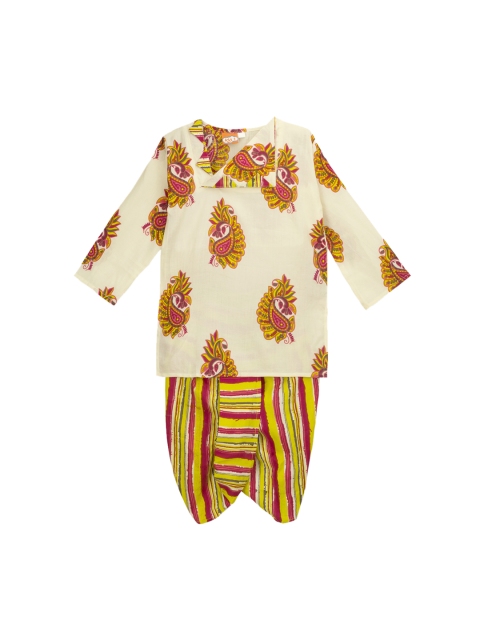 

KID1 Boys Cream-Coloured & Yellow Printed Kurta with Dhoti Pants