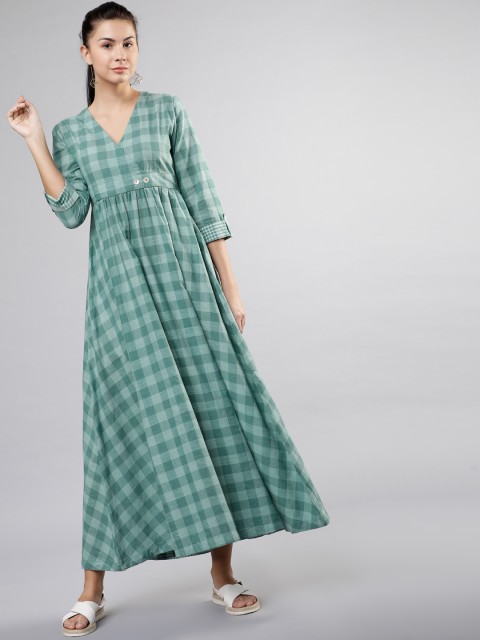 

Vishudh Women Green Checked Maxi Dress