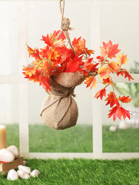 

TAYHAA Orange & Brown Artificial Maple Plant Dangling in Jute Pouch