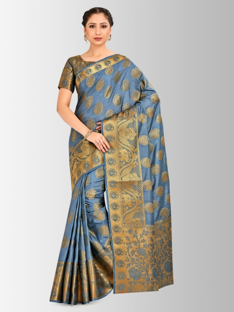 

MIMOSA Blue & Gold-Toned Art Silk Printed Kanjeevaram Saree
