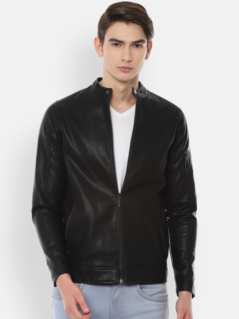 

V Dot Men Black Solid Biker Jacket