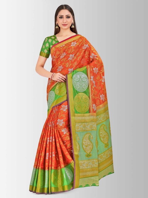 

MIMOSA Orange & Green Art Silk Embellished Kanjeevaram Saree