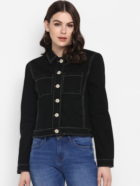 

FOSH Women Black Solid Denim Jacket