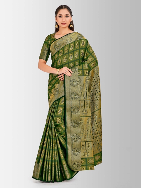 

MIMOSA Green & Gold-Toned Art Silk Printed Kanjeevaram Saree