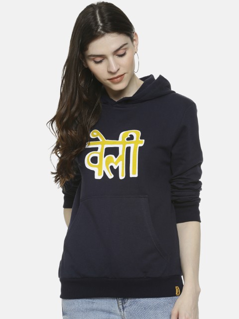 

Campus Sutra Women Navy Blue & Yellow Printed Hooded Sweatshirt