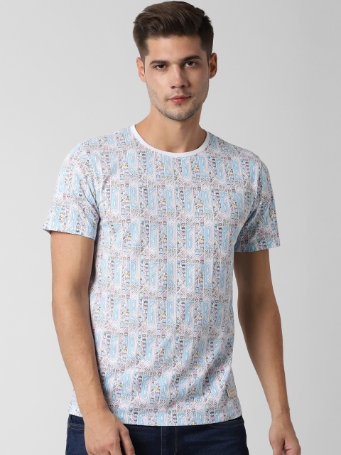 

Peter England Casuals Men White & Blue Slim Fit Printed Round Neck T-shirt