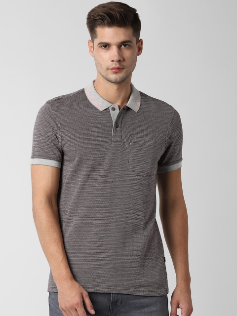 Peter England Casuals Men Grey Self Design Polo Collar Slim Fit T-shirt