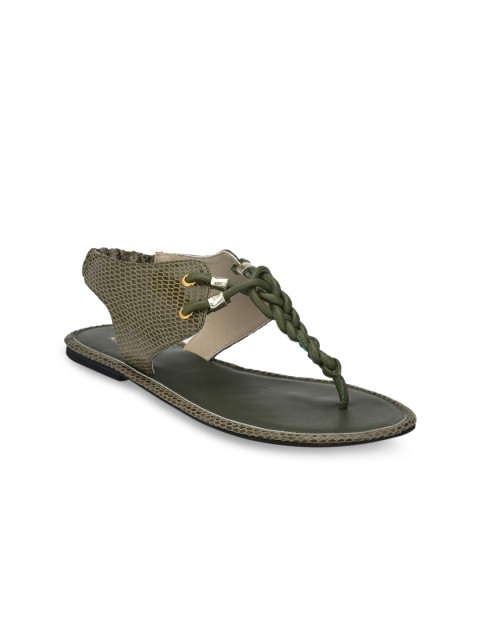 

AADY AUSTIN Women Olive Green Woven Design T-Strap Flats
