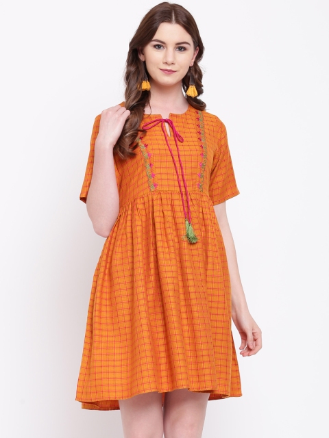 

Shakumbhari Women Checked Orange A-Line Dress