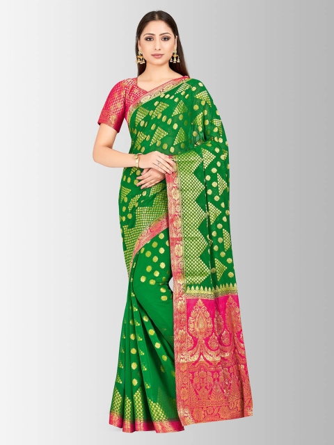

MIMOSA Green & Gold-Toned Poly Chiffon Printed Banarasi Saree
