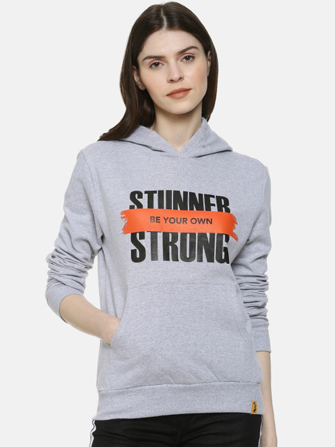 

Campus Sutra Women Grey & Black Printed Hooded Sweatshirt