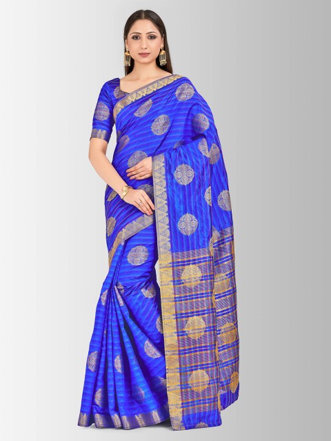 

MIMOSA Blue & Gold-Toned Art Silk Printed Kanjeevaram Saree
