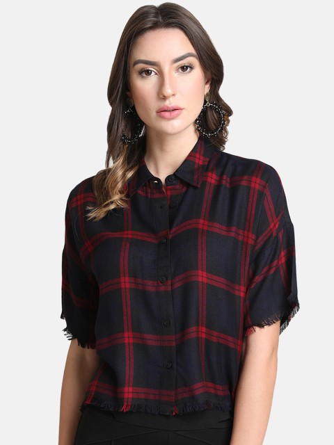 

Kazo Women Navy Blue & Black Boxy Checked Casual Shirt