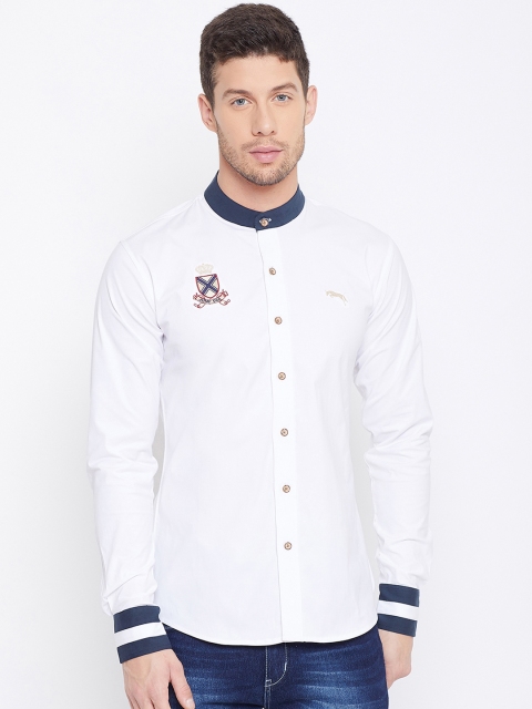 JUMP USA Men White & Navy Blue Slim Fit Solid Casual Shirt