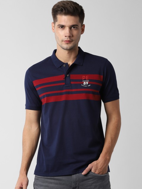 

Peter England Casuals Men Navy Blue Striped Polo Collar Slim Fit T-shirt