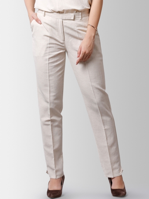 

FableStreet Women Cream-Coloured Straight Fit Solid Formal Trousers