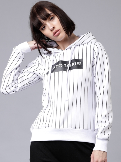 

Tokyo Talkies Women White & Black Striped Hooded Pullover Sweatshirt