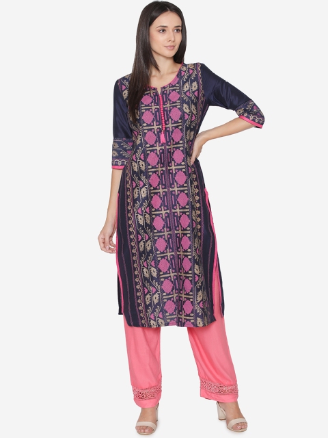 

Laabha Women Navy Blue & Pink Embroidered Straight Kurta