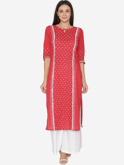 

Laabha Women Red & White Block Printed Straight Kurta