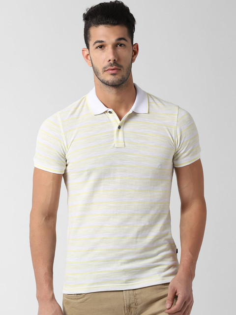 

Peter England Casuals Men Cream-Coloured Striped Polo Collar Slim Fit T-shirt