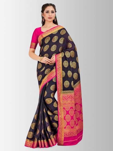 

MIMOSA Black & Gold-Toned Poly Crepe Embellished Mysore Silk Saree