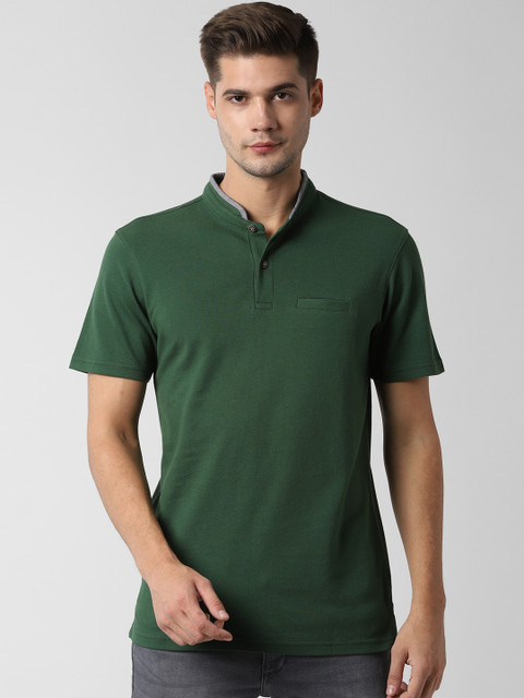 

Peter England Casuals Men Green Solid Mandarin Collar Slim Fit T-shirt