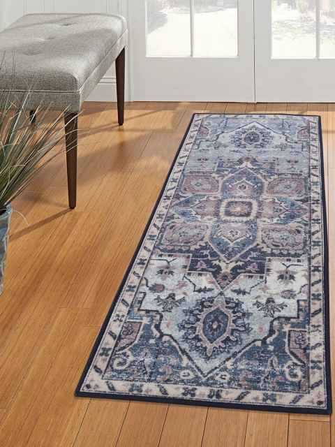 

RUGSMITH Navy Blue & Beige Patterned Anti-Skid Floor Runner