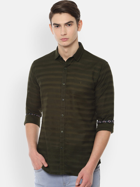 

V Dot Men Olive Green Slim Fit Striped Casual Shirt