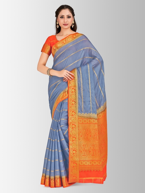 

MIMOSA Grey & Orange Poly Crepe Striped Mysore Silk Saree