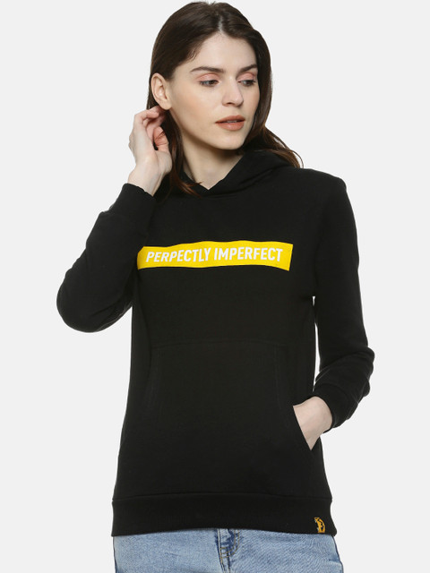 

Campus Sutra Women Black & Yellow Printed Hooded Sweatshirt