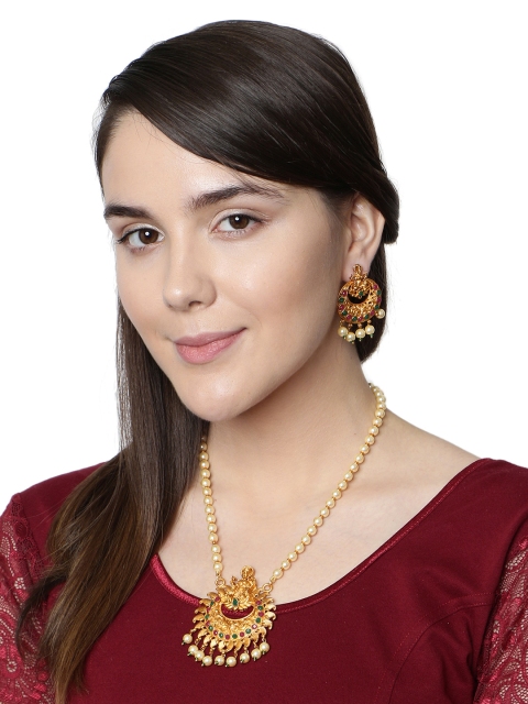 

Anikas Creation Women Gold-Plated & Green Stone Studded Maa Laxmi Jewellery Set