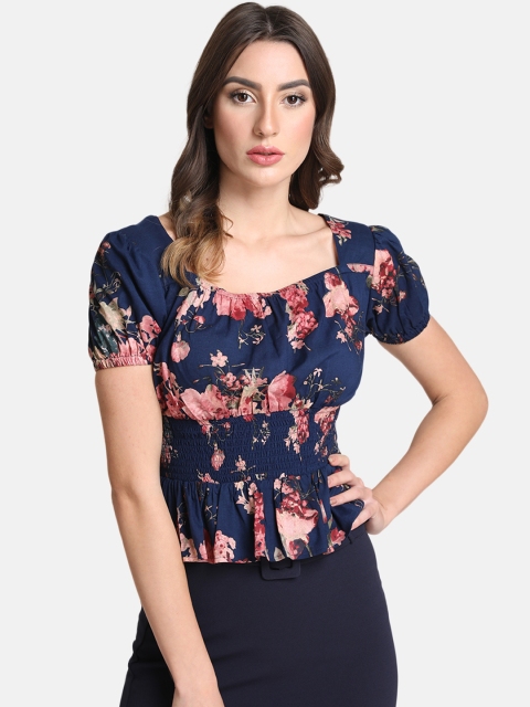 

Kazo Women Navy Blue Printed Cinched Waist Smocked Top