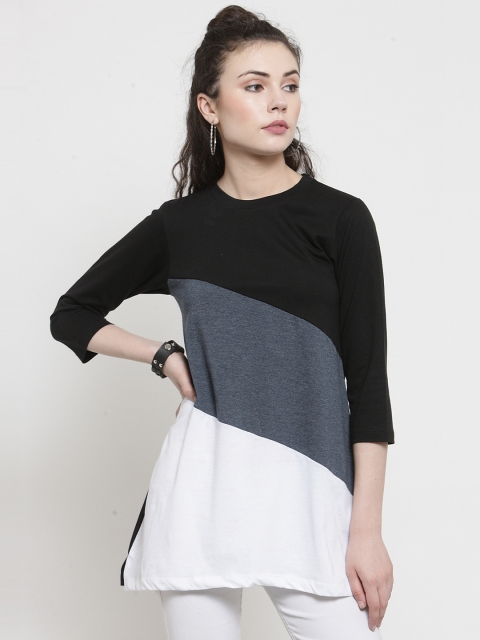 

Kalt Women White & Blue Colourblocked Round Neck Longline T-shirt