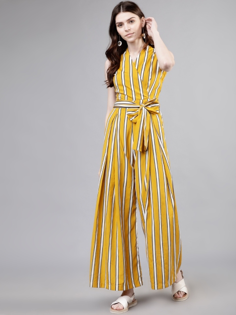 

Tokyo Talkies Women Mustard Yellow & Off-White Striped Basic Jumpsuit
