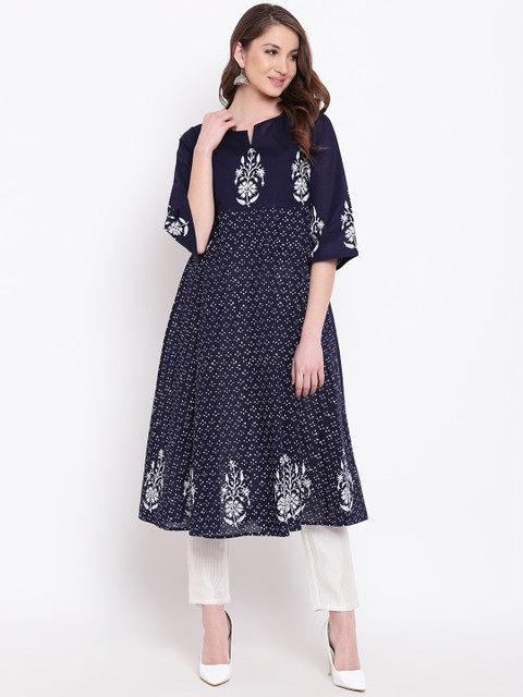 

Shakumbhari Women Blue & White Block Print Anarkali Kurta