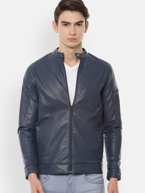 

V Dot Men Navy Blue Solid Biker Jacket