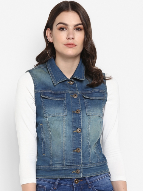 

FOSH Women Blue Solid Denim Jacket