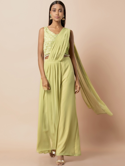 

INDYA Women Green Solid Flared Palazzos With Attached Dupatta